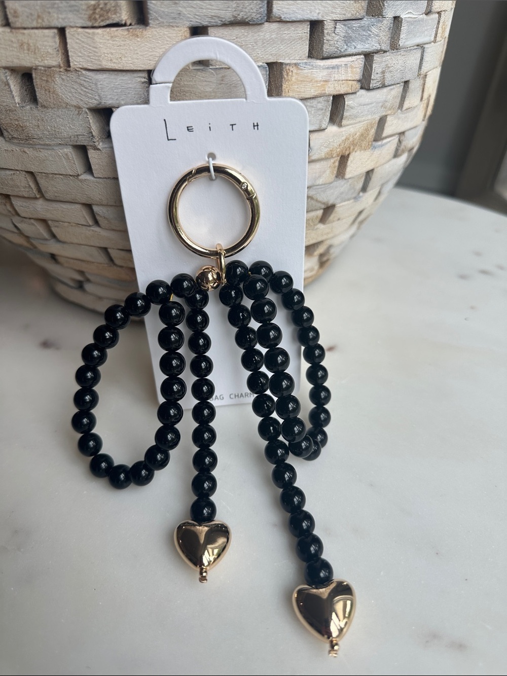 Leith Black Beaded Keychain with Gold Heart Charms